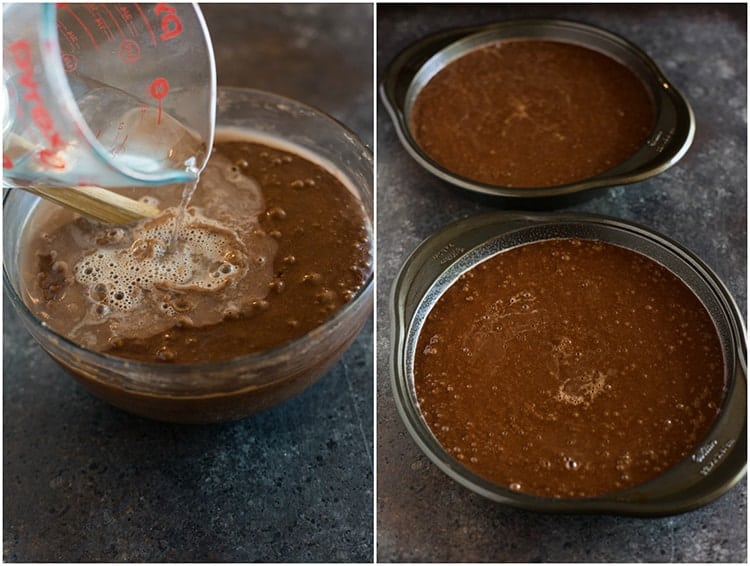 boiling water added to chocolate cake batter, next to another photo of two round cake pans filled with the batter.