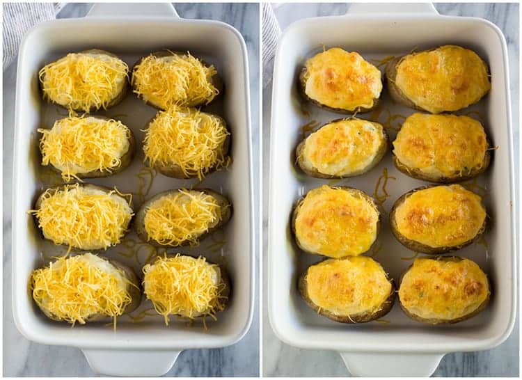 Overhead photos of a pan of twice baked potatoes before and after they have been baked.