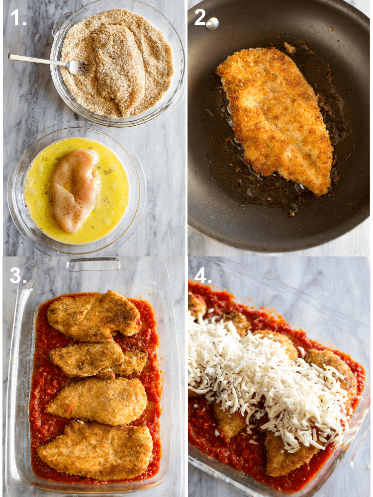 Four process photos for making Chicken Parmesan including dipping chicken in egg and breadcrumbs, browning in a skillet, added to a baking dish with marinara, and topped with shredded cheese.