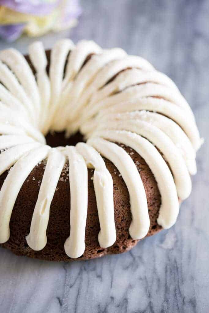 Nothing Bundt Cake copycat cat frosted with cream cheese frosting.