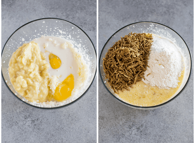Side by side photos of a mixing bowl with the wet ingredients, and then dry ingredients added to the batter for banana bran muffins.