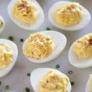 Traditional Deviled eggs with a sprinkle of paprika.