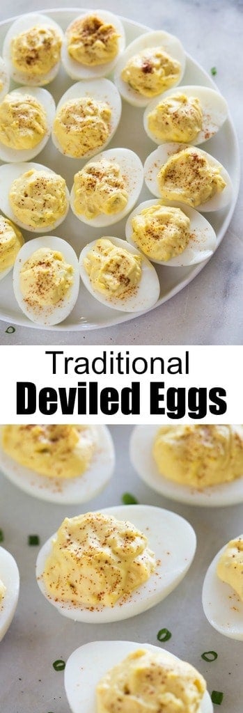 Easy Deviled Eggs with just five main ingredients that are quick and easy to make! These are perfect for any type of party. #deviledeggs #eggs #easter #appetizer