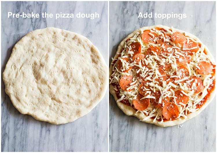 Pizza dough that has been pre-baked next to another photo of the pizza topped with cheese and pepperoni.