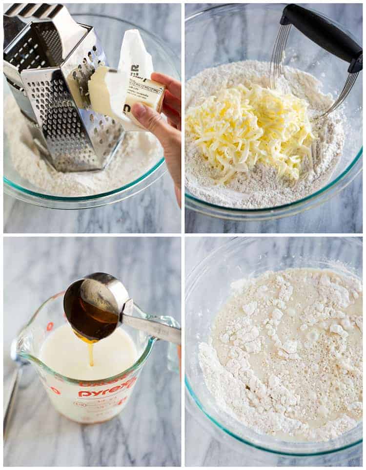 Four process photos for making buttermilk biscuits including grating butter into flour, cutting in the butter, adding honey to buttermilk and combining the ingredients to make biscuit dough.