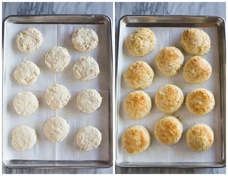Two overhead photos of a pan of biscuits before their baked and after they've been baked.