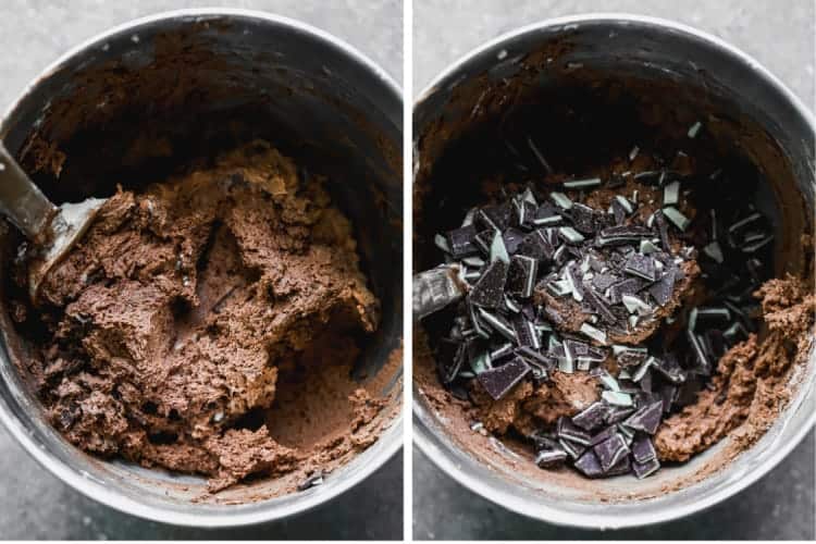 Two process photos for making chocolate mint cookie dough in a mixing bowl.