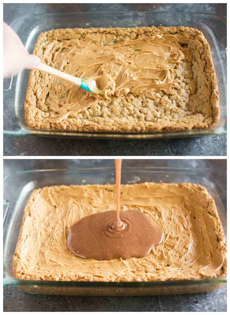 Process photos for spreading peanut butter over the top of baked peanut butter bars, and then pouring chocolate frosting on top.