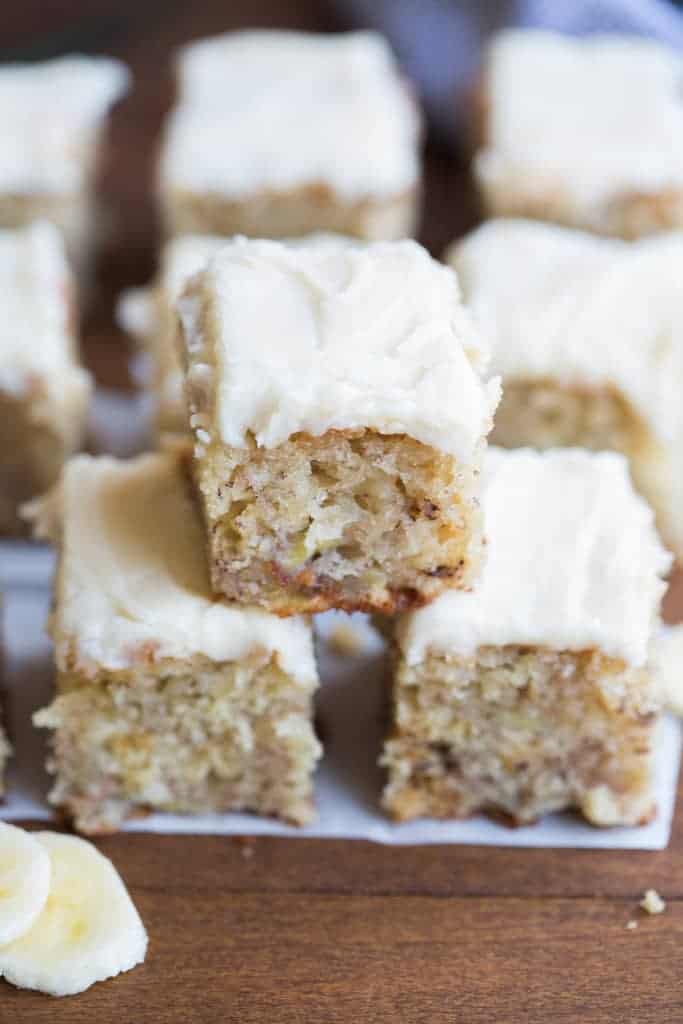 Banana Bread Bars with browned butter frosting | tastesbetterfromscratch.com