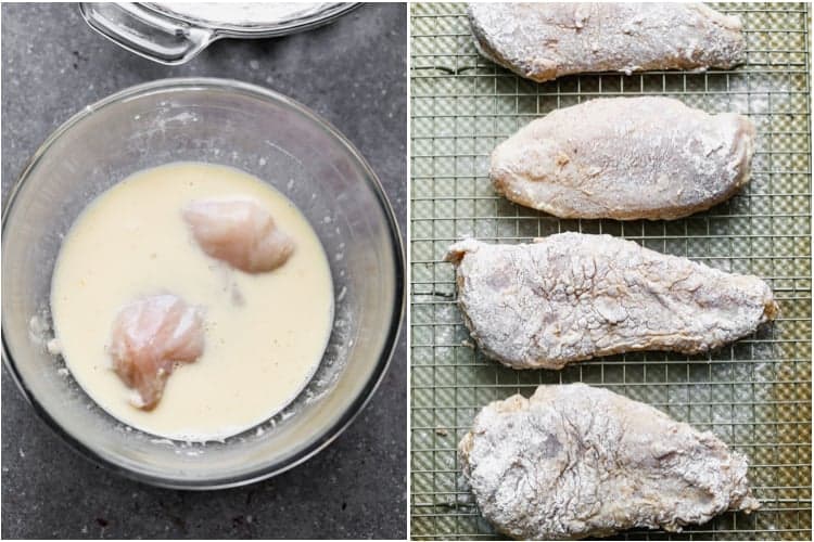 A bowl with chicken in egg and milk, next to a sheet pan with the chicken dipped in flour.