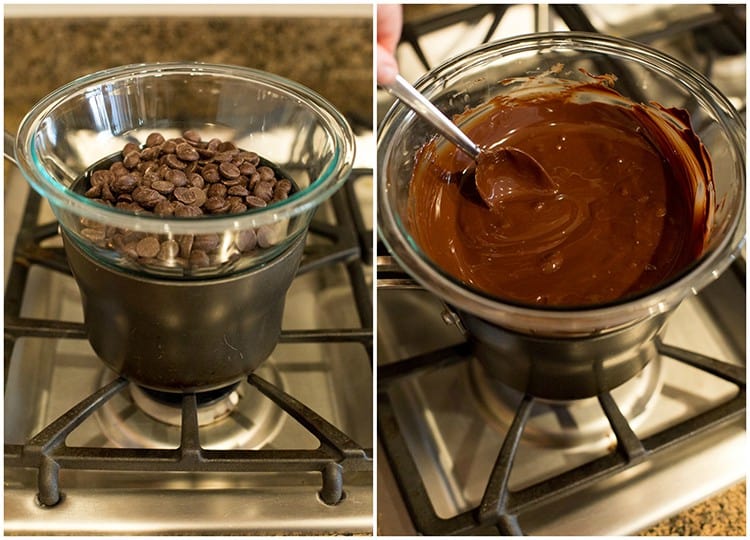 A photo of a double boiler made with a saucepan with a glass bowl filled with chocolate resting on top of it, next to another photo of the chocolate melted in the glass bowl on top of the saucepan and a spoon stirring it.