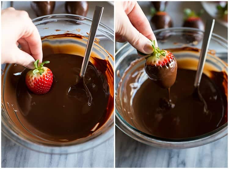 Process photos for dipping strawberries in chocolate including a photo of a strawberry dipped in a bowl of melted chocolate and another photo of the strawberry being pulled out of the chocolate and excess melted chocolate dripping back into the bowl.