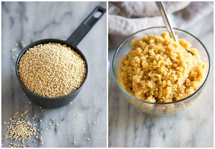 Side by side photos of uncooked quinoa in a measuring cup and a bowl of cooked quinoa.