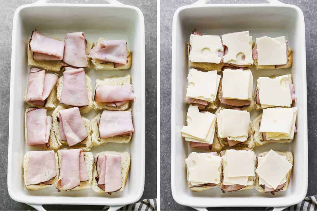 A baking dish lined with a dozen  roll bottoms, topped with ham and then cheese.