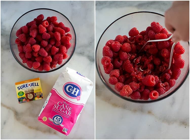The ingredients needed to make raspberry jam including a bowl of fresh raspberries, a package of granulated sugar, and a box of surejell fruit pectin next to another photo of a large bowl of raspberries being mashed.