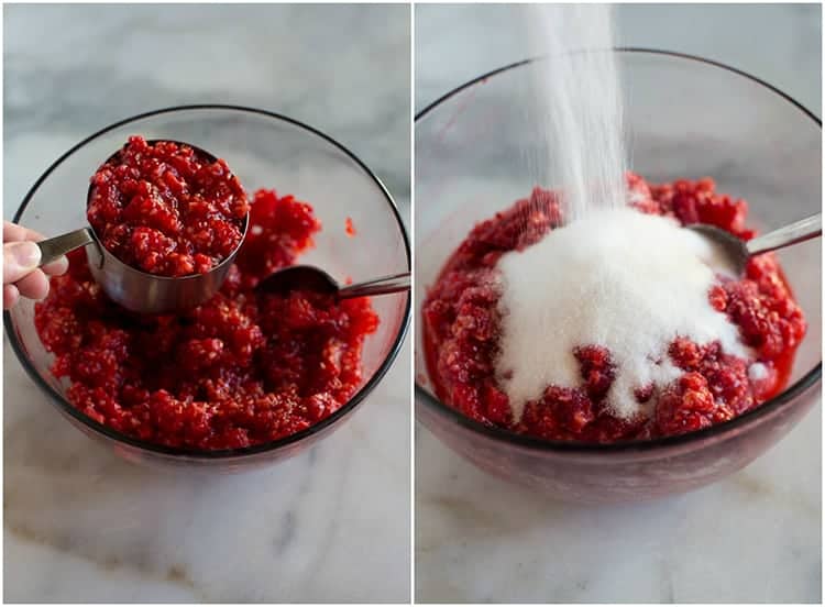 A bowl of mashed berries and a measuring cup measuring out the mashed berries, next to another photo of a bowl of mashed raspberries and granulated sugar being poured on top.