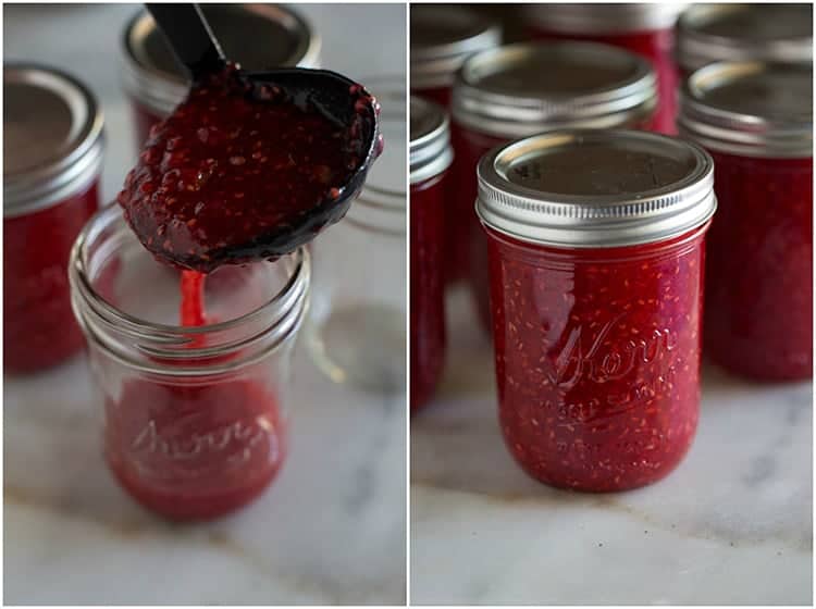 Raspberry jam being ladled into a pint jar, next to another photo of filled jars of raspberry jam.