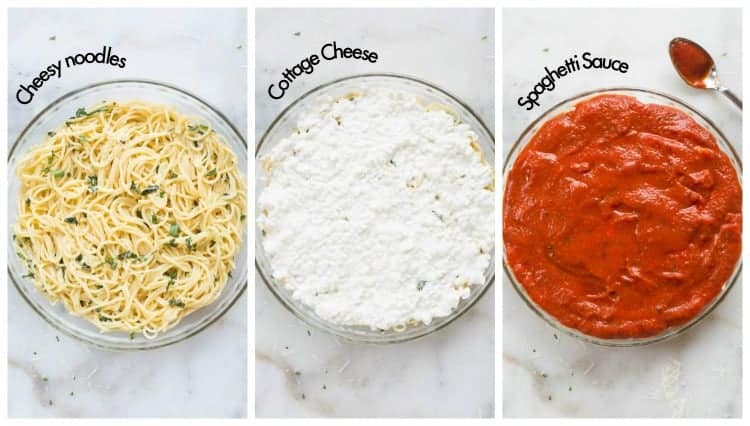 Three images: cheesy noodles, cottage cheese, spaghetti sauce.