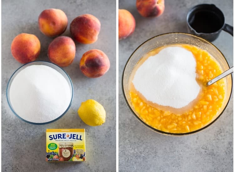 The ingredients needed to make peach jam, including peaches, sugar, pectin and a lemon next to another photo of diced peaches in a bowl with sugar and two peaches and a measuring cup behind it.