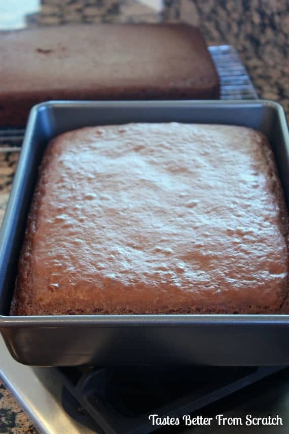 A baked yellow cake in a 9x13 pan.