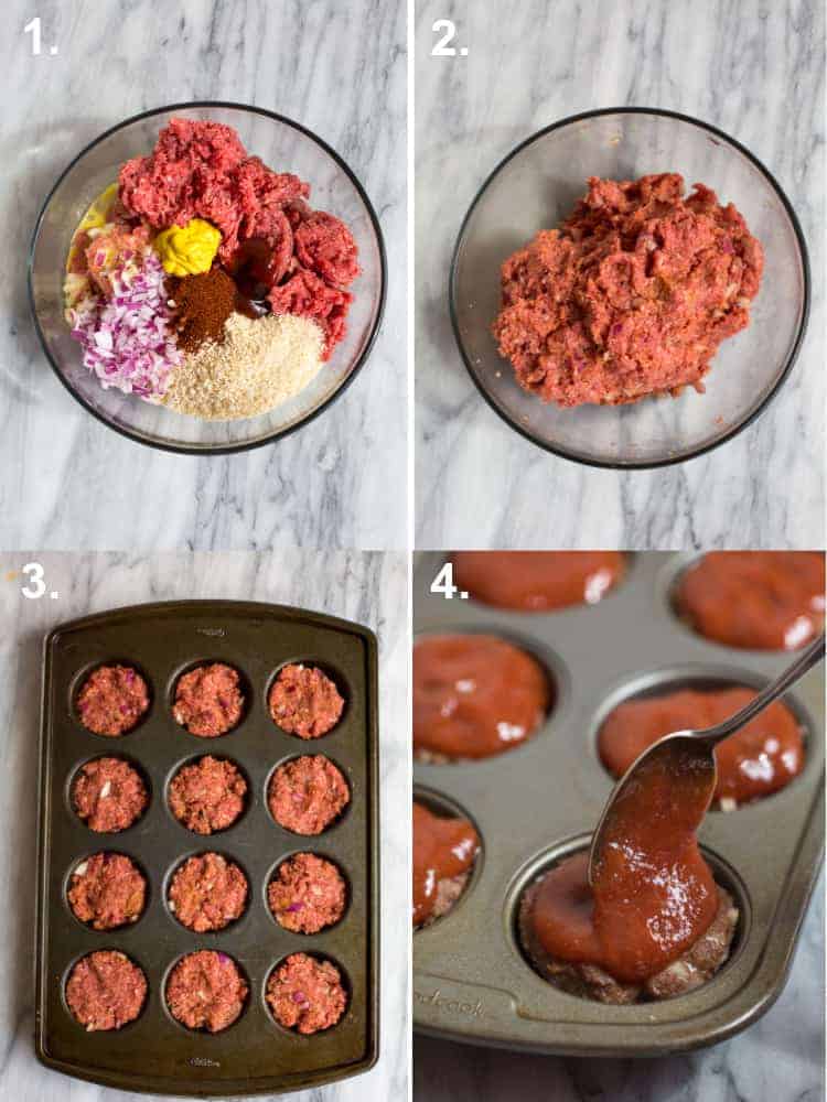 Four process photos for making mini meatloaf muffins including the meatloaf ingredients in a bowl, mixed, added to a muffin tin and sauce being spooned on top.