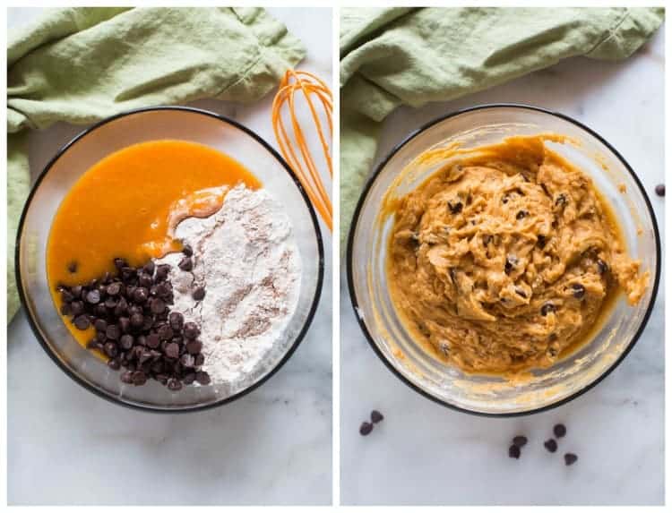 Side by side images of cookie batter for pumpkin chocolate chip cookies before it's mixed and after it's mixed.