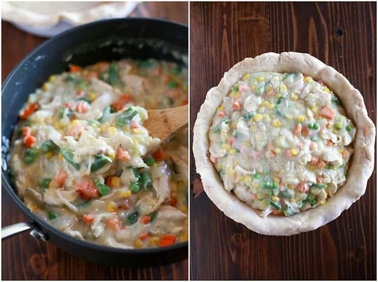 Two side-by-side photos of chicken pot pie in a skillet and in a pie dish with an unbaked pie crust.