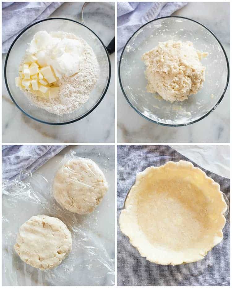 Four process photos for making homemade pie crust including the ingredients in a bowl, mixed together, divided into two crusts, and rolled out into the pie pan.