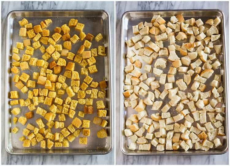 Overhead photos of two large sheet pans, one with dried cornbread cubes and the other with cubes of dried french bread to make stuffing.
