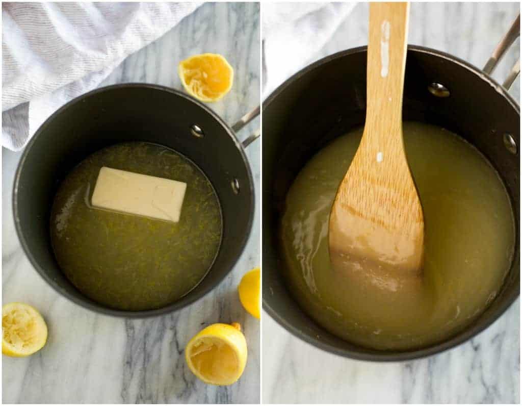 Overhead photo of a saucepan with the ingredients to make lemon chiffon pie and another photo of the cooked filling inside the saucepan with a wooden spoon.