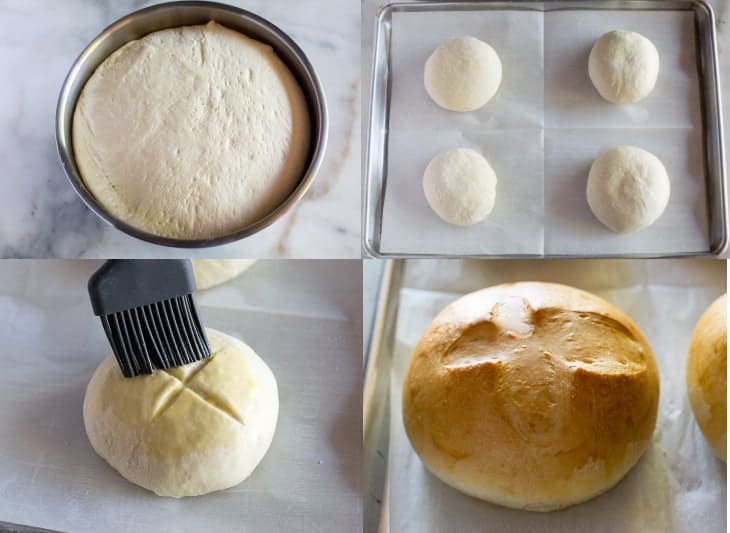 Four process photos for rising bread dough, divided into 8 balls, brushed with egg wash, and baked into a bread bowl.