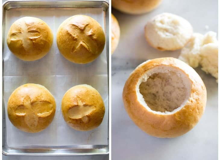 A baking sheet with four bread bowls baked on it, next to another photo of a bread bowl with the center cut out to fill with soup.