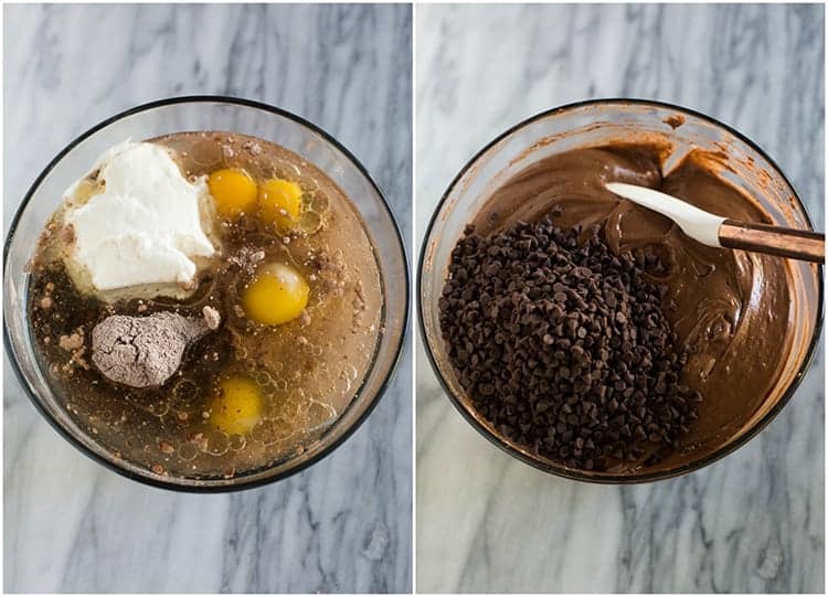 A clear mixing bowl with the ingredients for chocolate bundt cake, next to another photo of the ingredients mixed together and mini chocolate chips added on top of the cake batter.
