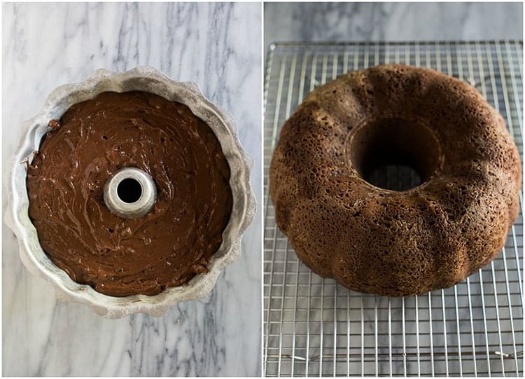 A bundt cake pan filled with batter for chocolate bundt cake next to another photo of the cooked bundt cake cooling on a wire rack.