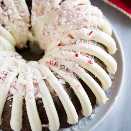 Chocolate Peppermint Bundt Cake on a white plate with crushed candy canes on top.