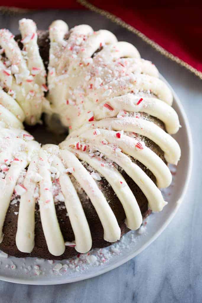Chocolate Peppermint Bundt Cake on a white plate with crushed candy canes on top.