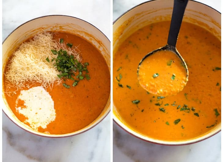 Two process photos of adding basil, cream and parmesan cheese to tomato soup in a pot.