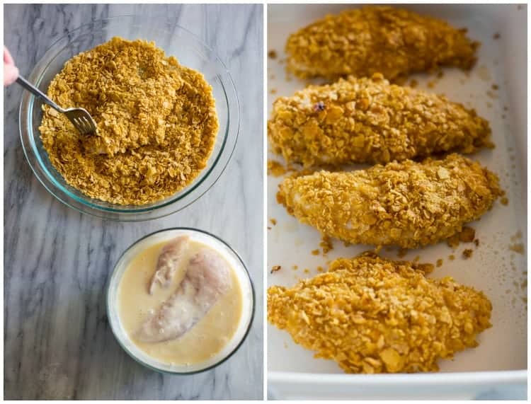 Chicken tenders dipped in honey mustard sauce, the cornflake crumbs and baked in a white baking dish.