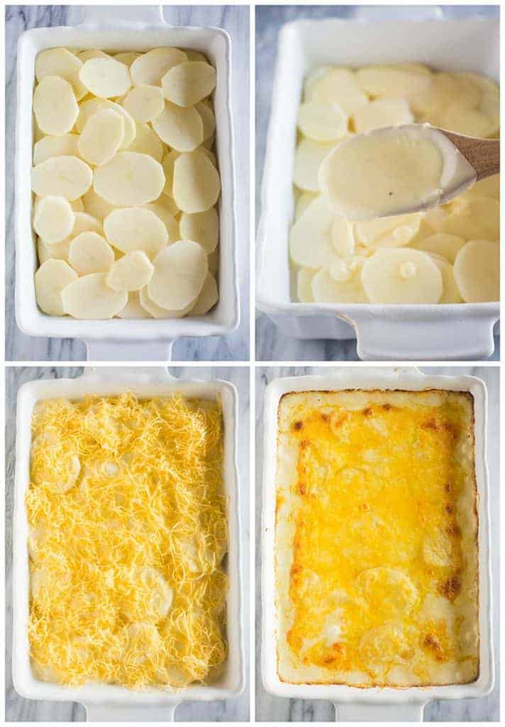 Four overhead process photos of how to make potatoes au gratin including a layer of thinly sliced potatoes in a baking dish, a wooden spoon pouring cheese sauce on top, a layer of cheddar cheese added and then the baked dish.