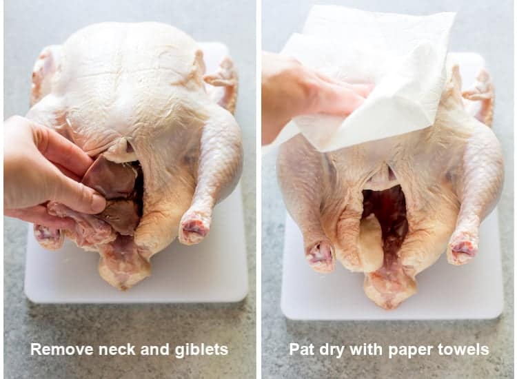 Side by side photos of a raw chicken on a white cutting board, a hand removing the giblets from the cavity and then patting the chicken dry with a paper towel.
