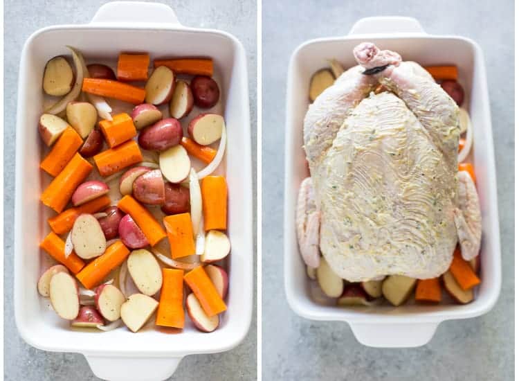 Overhead view of a white baking dish with chopped carrot, red potato and onion next to another photo of a whole raw chicken sitting on top of the vegetables.