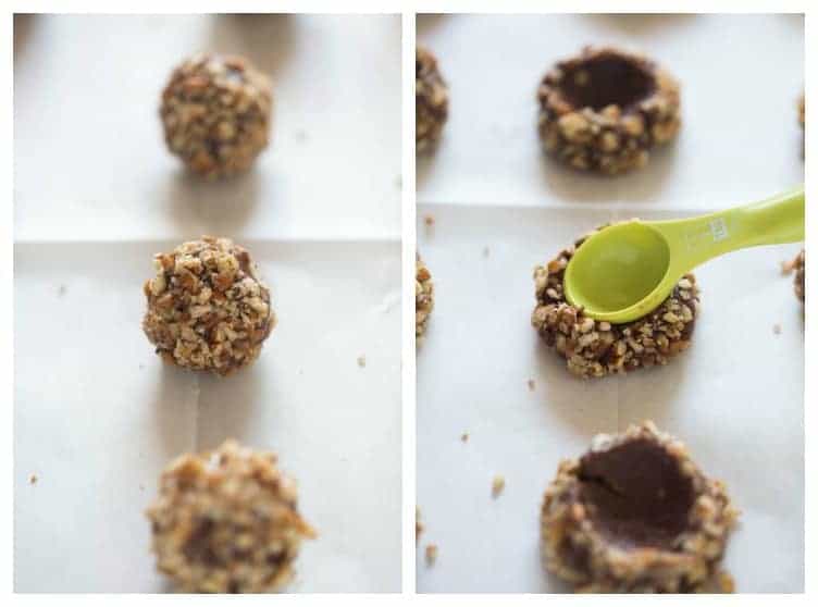 Side by side photos of chocolate cookie dough rolled in crushed pecans, and then pressed down with a green measuring spoon.