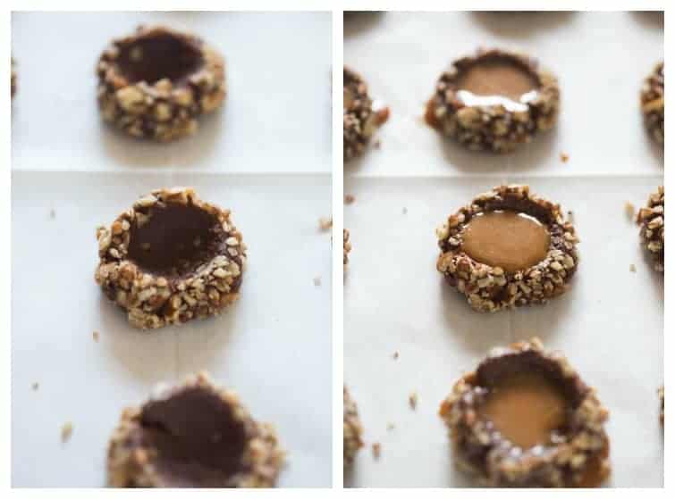 Side by side photos of a chocolate thumbprint cookie empty, and then filled with melted caramel.