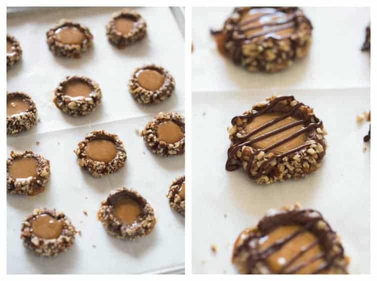 Side by side photos of a cookie sheet with turtle thumbprint cookies.