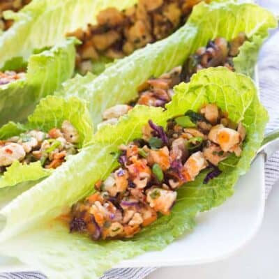 Thai Chicken Lettuce Wraps lined along a white plate.