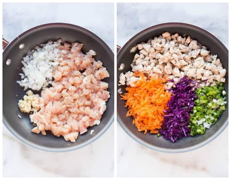 Side by side photos of a skillet with the ingredients for Thai chicken lettuce wraps including chicken, garlic, onion, carrot, cabbage.