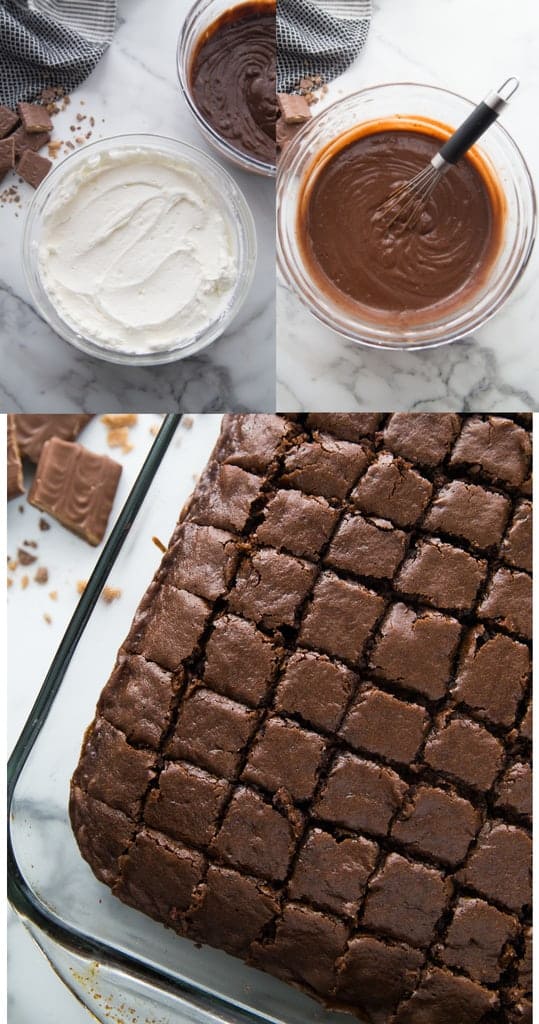 Three photos of the ingredients needed for a chocolate trifle including a bowl of whipped cream, a bowl of chocolate pudding with a whisk in it, and a pan of chocolate cake cut into small squares.