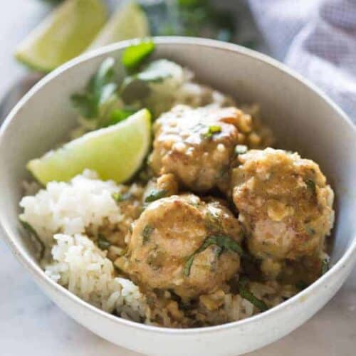 Thai Green Curry Meatballs made with ground turkey, served over brown rice.