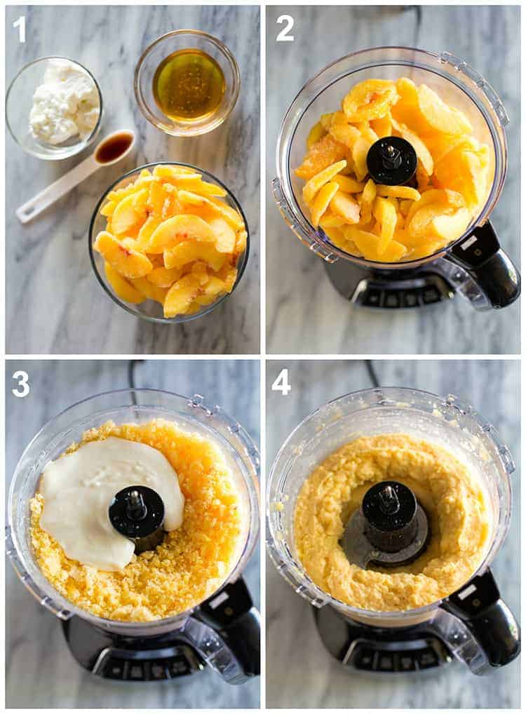 Four process photos for making peach frozen yogurt including a photo of the ingredients, and the ingredients being blended in a food processor until smooth.