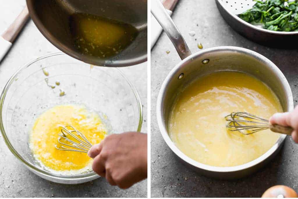 Melted butter being whisked into beaten egg yolks and then the yolks cooked in a pot to make hollandaise sauce.